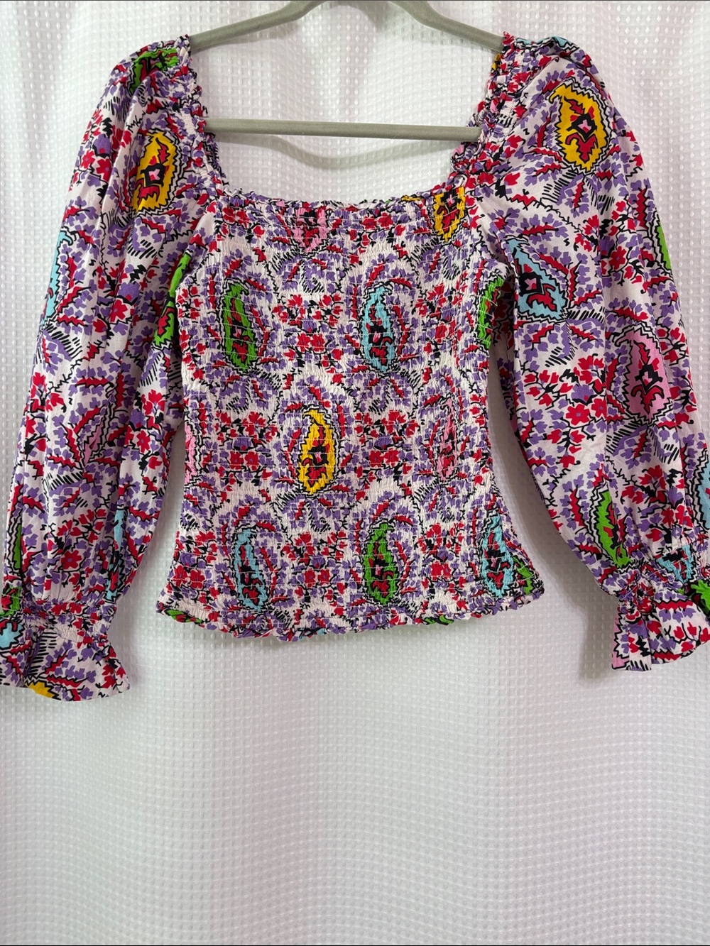 RHODE “Alicia” Smocked Lavender Floral Paisley Puff-Sleeve Top Size Small